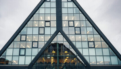 Exterior view of a modern glass building with a striking geometric design against an overcast sky.