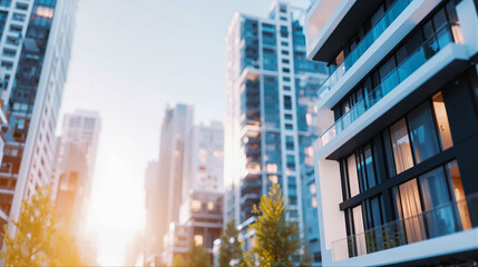 夕日の光に照らされたモダンな高層マンションと都会の街並み