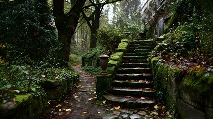 Old concrete staircase leads upwards into a dense park covered in fallen leaves and moss evoking an urban exploration vibe and mystery.