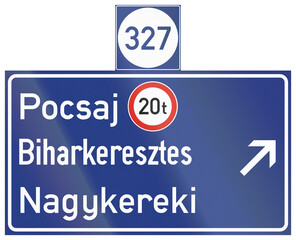 Fototapeta premium Road sign used in Hungary - Highway exit to Pocsaj, Biharkeresztes, Nagykereki