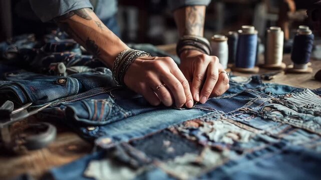 Hands arranging old denim patches patchwork crafting