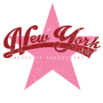 varsity new york print collage text typography font vintage tshirt print star pink and red grunge effect brush  
