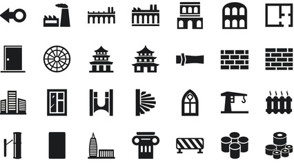 Collection of various building elements and architectural icons, perfect for design projects