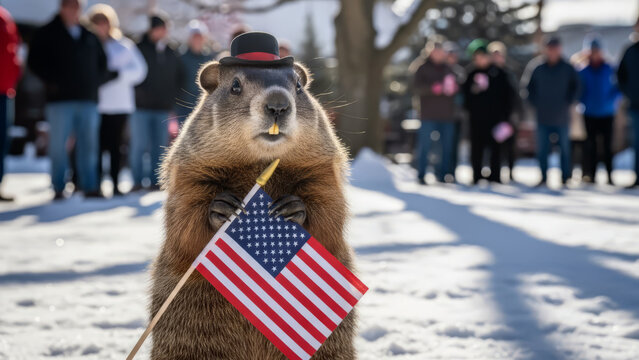 Groundhog Day celebration with woodchuck in top hat holding American flag on snowy winter background.