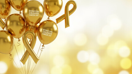 Gold balloons with ribbons for International Childhood Cancer Day celebration and awareness, with copy space
