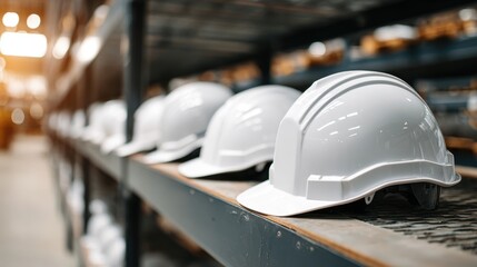 Row of white hard hats on a shelf in an industrial warehouse for construction safety