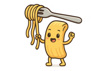 Happy pasta character holding fork with noodles