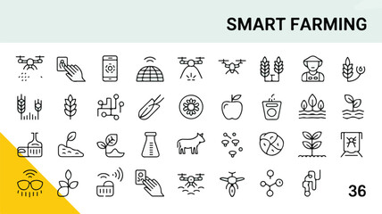 A comprehensive collection of 36 black line art icons illustrating smart farming concepts, modern agricultural technology, and precision agriculture practices
