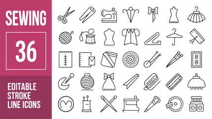 A Comprehensive Collection of 36 Editable Stroke Line Art Icons for Sewing and Crafting Projects