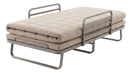 Collapsible guest bed with foldable side rails for convenient storage.