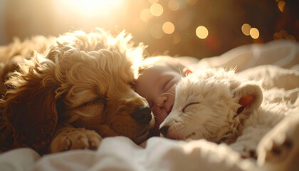 Snuggle Buddies: A tender portrait of a sleeping baby nestled peacefully with a puppy, radiating warmth and the purest form of unconditional love, bathed in gentle light.