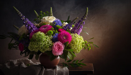 bouquet de fleurs color&eacute;es en vase, nature morte &eacute;l&eacute;gante et d&eacute;co
