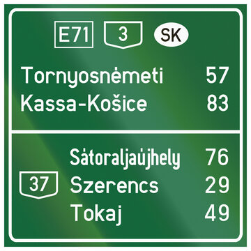 Road sign used in Hungary - Distances to different cities