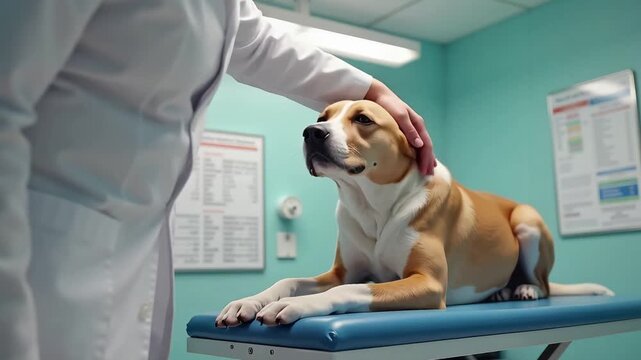 Veterinarian petting dog examination table calm clinic