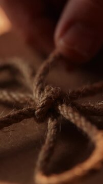 A brown object with a rope tied around it. The rope is knotted and twisted. The object is wrapped in a brown cloth