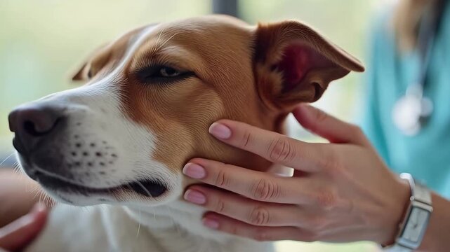 Two veterinarians petting scared dog comfort clinic