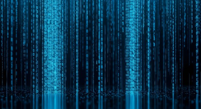 Vertical blue binary code digital rain falling on dark background suitable for matrix programming and cyber security software concepts.