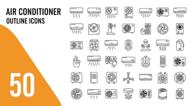 Collection of 50 Air Conditioner Outline Icons for Digital and Print Use