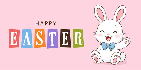 Happy Easter greeting card. Easter bunny waves his paw and smiles. 
