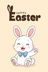 Happy Easter greeting card. Easter bunny waves his paw and smiles. 

