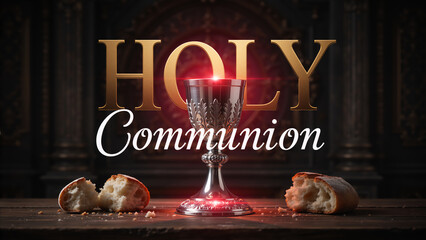 A depiction of Holy Communion with a silver chalice and broken bread. The Christian sacrament of the Eucharist. Religious concept of faith and worship