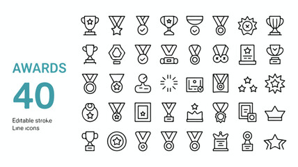 A diverse collection of 40 elegant minimalist line art icons symbolizing awards, trophies, medals, and achievement for various recognition events
