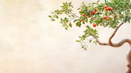 Lush orange tree branch with ripe fruits against subtle beige background