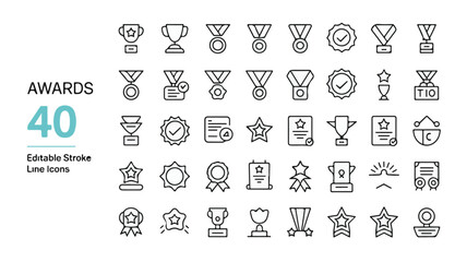 40 Minimalist Line Art Icons Awards, Trophies, Medals. Editable Strokes for Achievement & Recognition in Digital Design