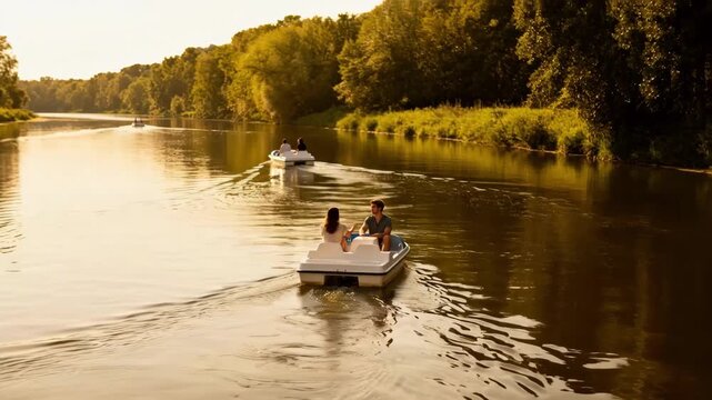 Closemedium shot of pedalos gliding smoothly on a quiet river with couples enjoying a sunny day of rental boating on calm waters.