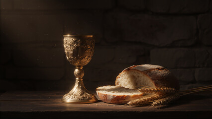 Holy communion with a golden chalice and broken bread on a rustic table. The Eucharist and Last Supper sacrament. Christian religious symbol of faith with copy space