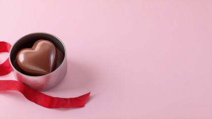 Heart-shaped chocolate in tin with red ribbon on pink background