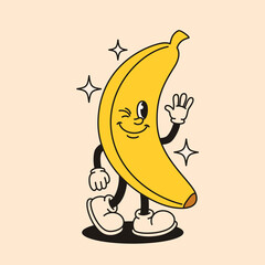 Groovy banana character in retro style. Flat vector illustration.