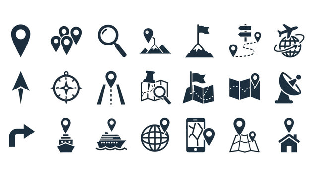 Comprehensive collection of solid sleek map and navigation vector icons for travel, discovery, and digital mapping interfaces