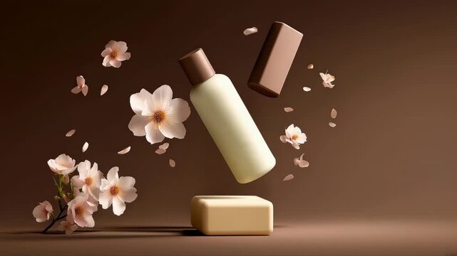 Elegant skincare bottles and blossoms floating gracefully in motion