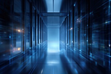 Futuristic technology hallway with reflective glass and neon blue light