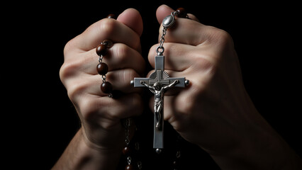 Hands holding rosary beads and crucifix in prayer. Religious Christian concept of faith and devotion on black background