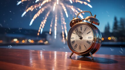 A brass alarm clock with Roman numerals on a wooden table with fireworks in the background
