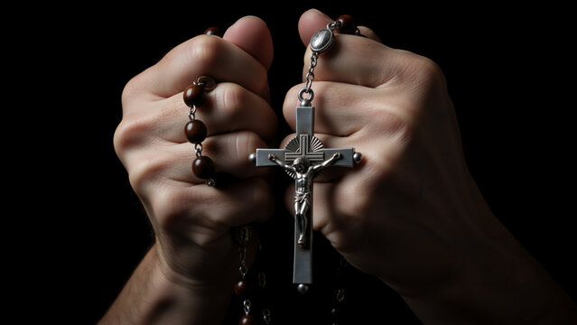 Hands holding rosary beads and crucifix in prayer. Religious Christian concept of faith and devotion on black background - Powered by Adobe
