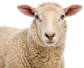 A fluffy, cream-colored domestic sheep with a dense woolly coat and large, expressive eyes stares directly forward with a slightly concerned expression, captured, isolated on transparent background.
