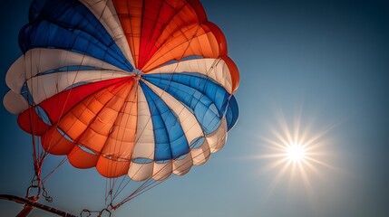 Colorful parachute under a bright sun against a clear, blue sky, portraying a sunny day activity