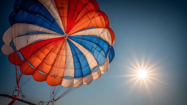 Colorful parachute under a bright sun against a clear, blue sky, portraying a sunny day activity