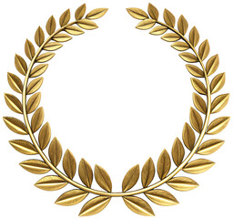 A meticulously crafted, ornate, and shimmering golden laurel wreath, rendered in a realistic 3D style with detailed leaf textures and subtle highlights,, isolated on transparent background.