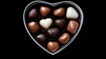 Assorted heart-shaped chocolates in elegant tin box on black background