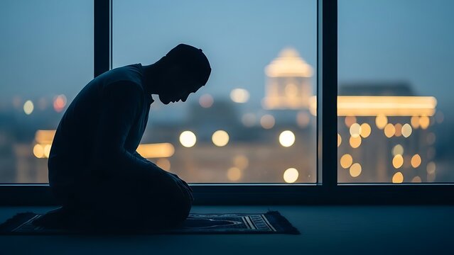 Person in dark clothing praying on a patterned mat by a large window overlooking a cityscape at dusk