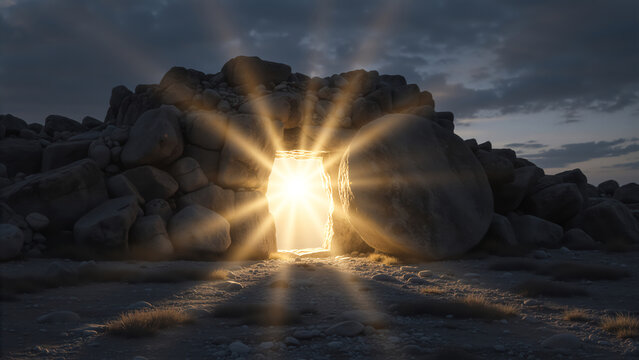Resurrection of Jesus Christ concept with open tomb. Stone rolled away revealing bright light rays at dawn. Easter background