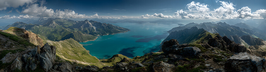 A sweeping view of mountains with a lake in the middle, overlooking the sky and clouds.