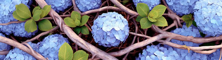 A highly detailed hydrangea banner complete with leaves and branches.