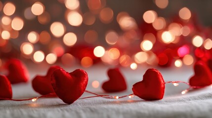 Romantic red hearts with warm bokeh lights for valentine's day ambiance