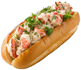 A delectable, generously filled lobster roll presented on a soft, lightly toasted New England-style bun, showcasing succulent chunks of cooked lobster meat, isolated on transparent background.