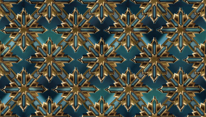 Intricate geometric golden pattern with a blue background creating a luxurious and elegant decorative design.